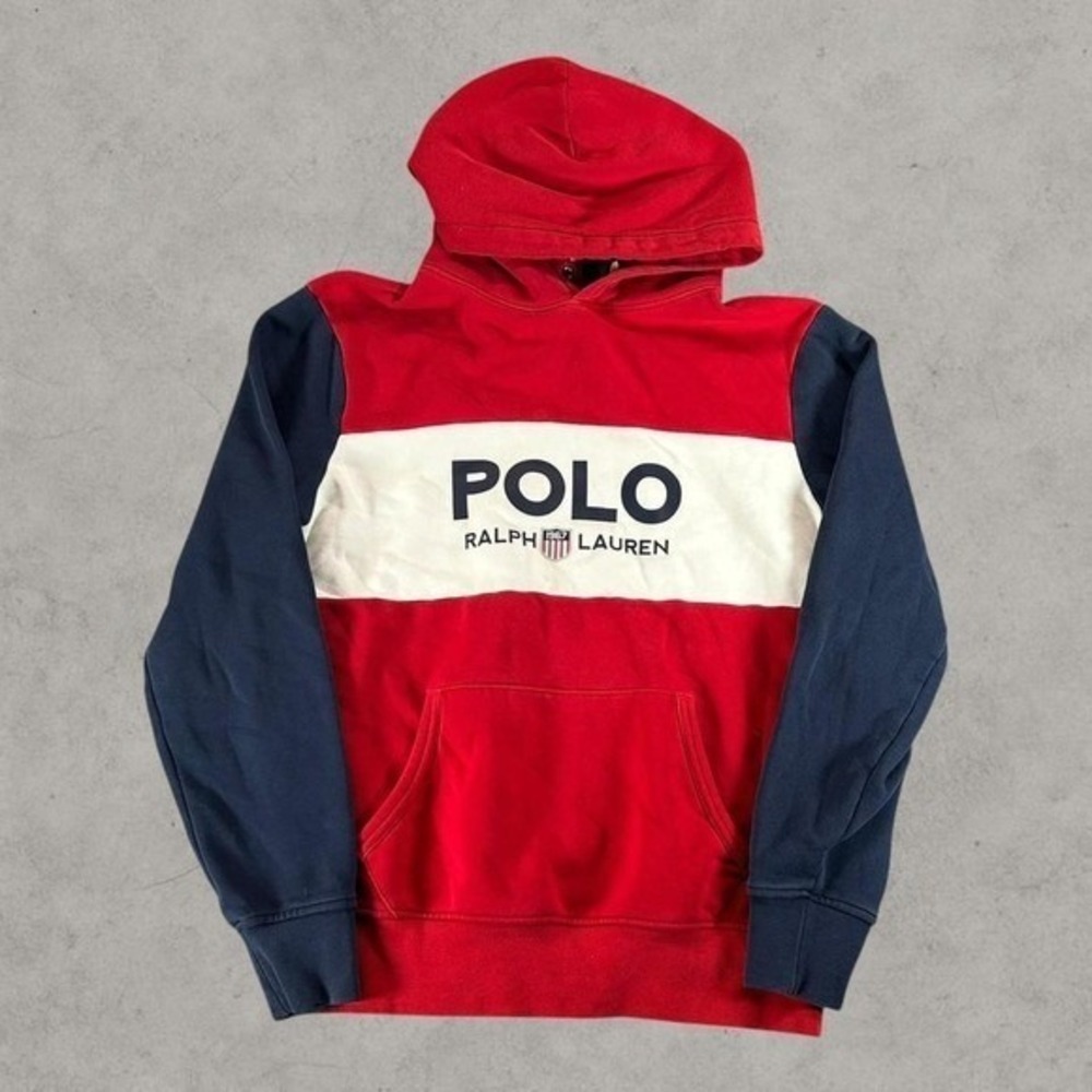 Polo By Ralph Lauren Hoodie Mens Small Red Pullover K Swiss Shield Colorblock